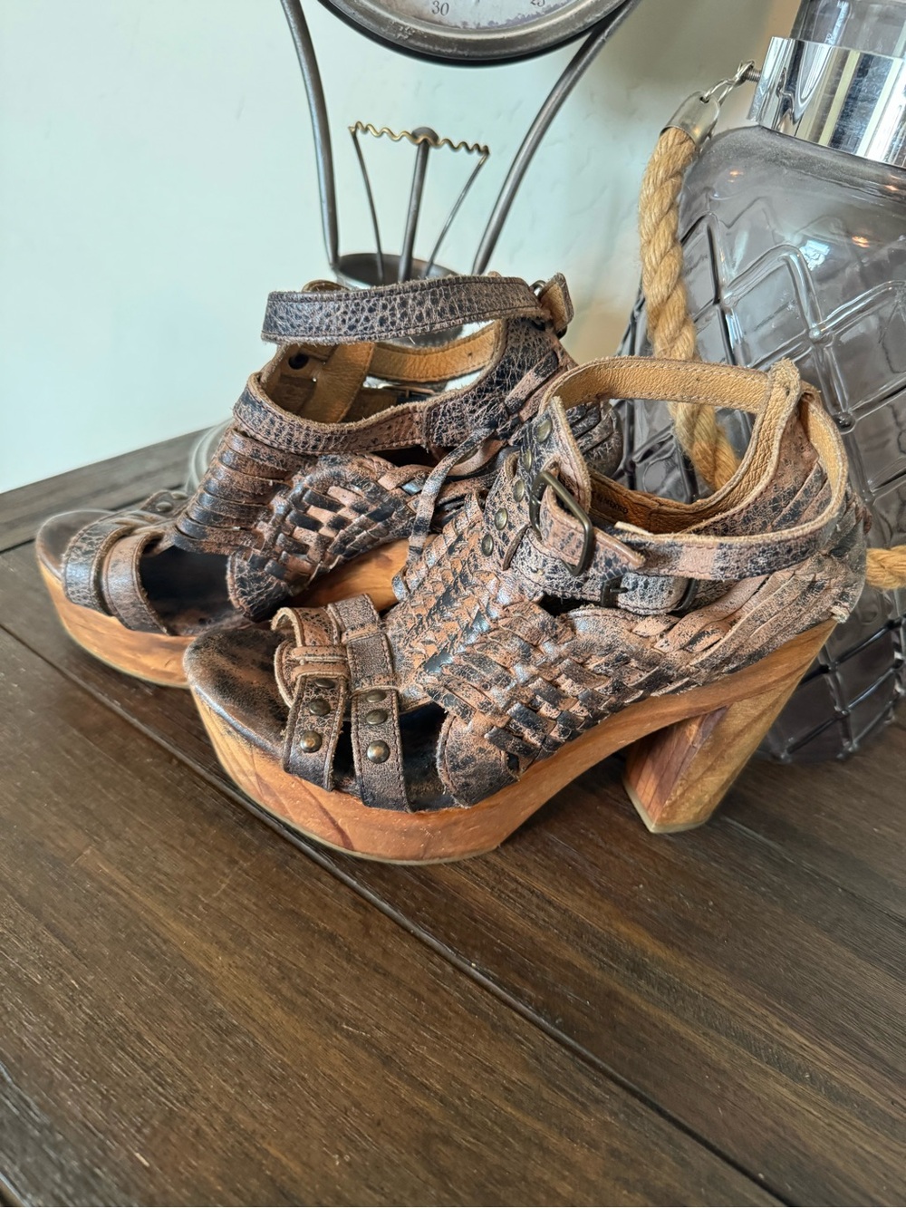 Bed Stu Brown Woven Leather Platform Sandals
